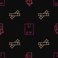 Set line French press, Sugar stick packets and Bag of coffee beans on seamless pattern. Vector