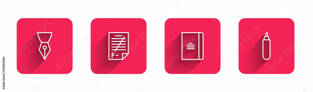 Poster set line fountain pen nib, exam paper with incorrect answers, spiral notebook and marker with long s