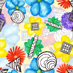 Watercolor pattern colorful flower garden, chamomile, hydrangea, lotus and geometry, on a white background for your design seamless, hand drawn