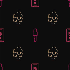 Set line Mobile with fingerprint scan, Broken or cracked lock and Locked key on seamless pattern. Vector