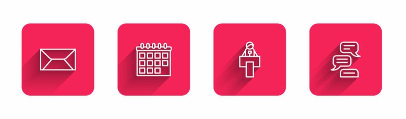 Set line Envelope, Calendar, Stage stand or tribune and Speech bubble chat with long shadow. Red square button. Vector