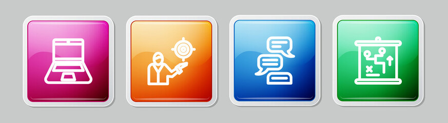 Set line Laptop, Marketing target strategy, Speech bubble chat and Planning concept. Colorful square button. Vector