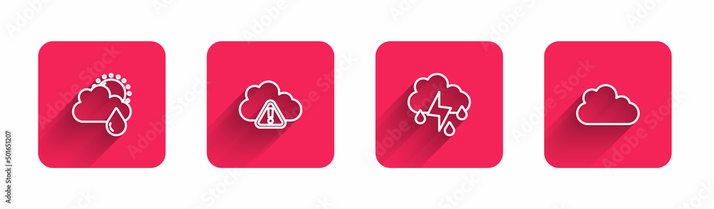 Poster set line cloud with rain and sun, storm warning, lightning and with long shadow. red square button. 