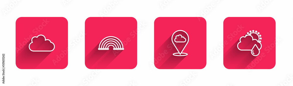 Poster set line cloud, rainbow, location cloud and with rain and sun with long shadow. red square button. v
