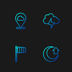 Set line Moon, Cone windsock wind vane, Location cloud and Storm. Gradient color icons. Vector