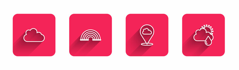 Set line Cloud, Rainbow, Location cloud and with rain and sun with long shadow. Red square button. Vector
