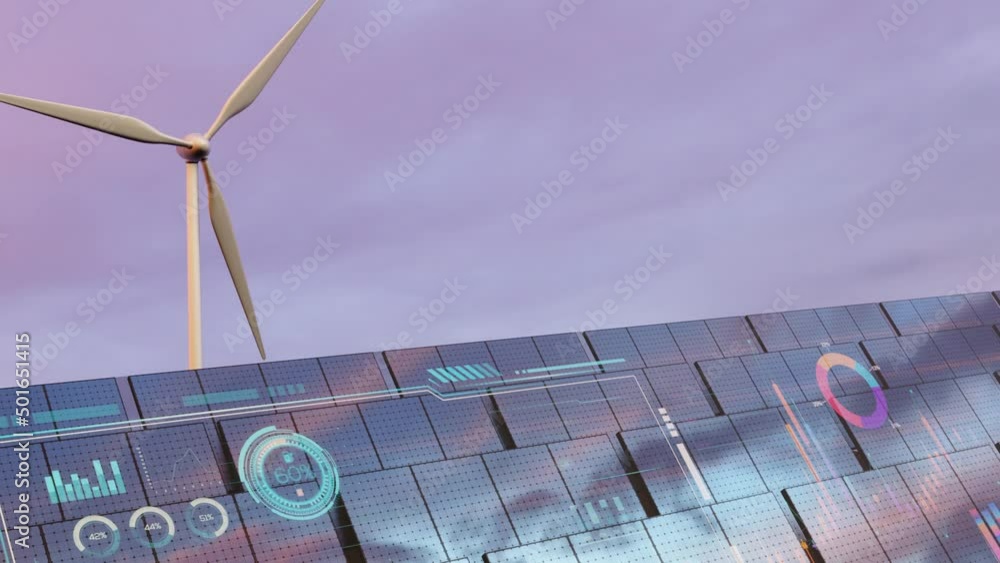 Poster solar panel and wind turbine with data charts of renewable energy. 3d rendering looping animation.