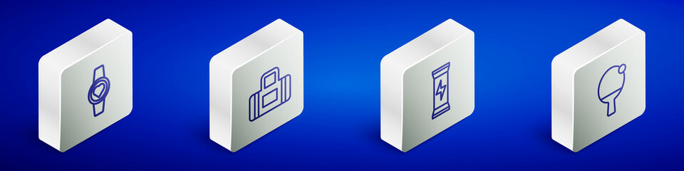 Set Isometric line Smartwatch, Sport bag, Sports nutrition and Racket and ball icon. Vector