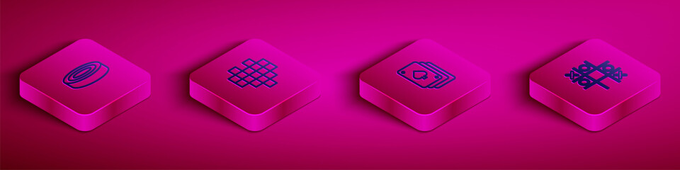 Set Isometric line Checker game chips, Pixel hearts for, Playing cards and Tic tac toe icon. Vector