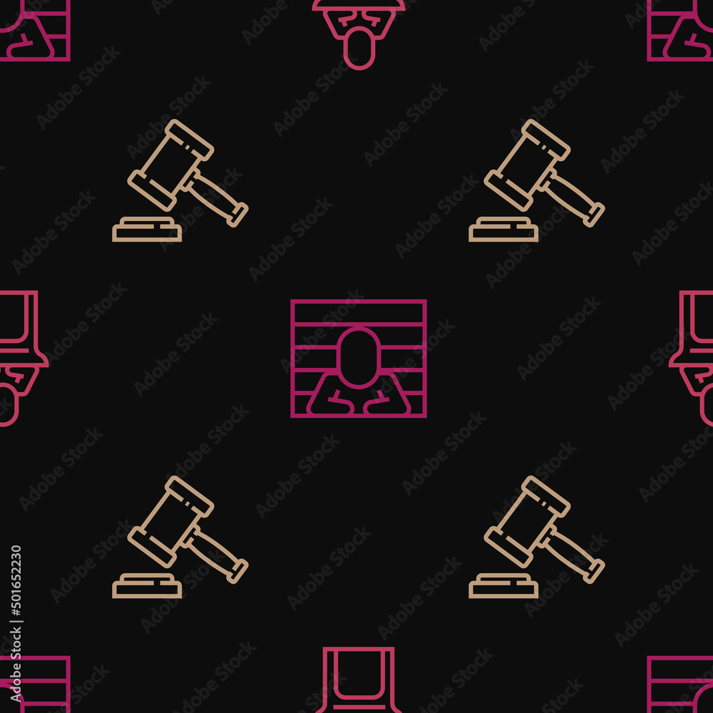 Poster set line judge, gavel and prisoner on seamless pattern. vector