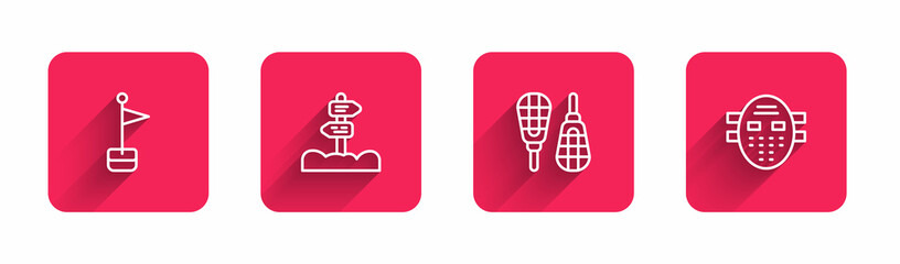 Set line Location marker, Road traffic signpost, Snowshoes and Hockey mask with long shadow. Red square button. Vector