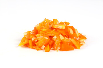 Fresh orange chili finely chopped, placed together on a white background. close-up view on white