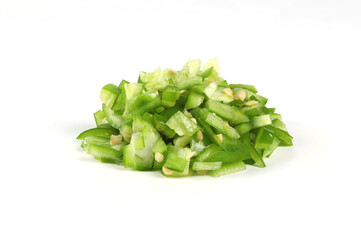 Fresh green chili finely chopped, placed together on a white background. close-up view on white
