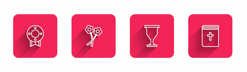 Set line Memorial wreath, Flower, Christian chalice and Holy bible book with long shadow. Red square button. Vector