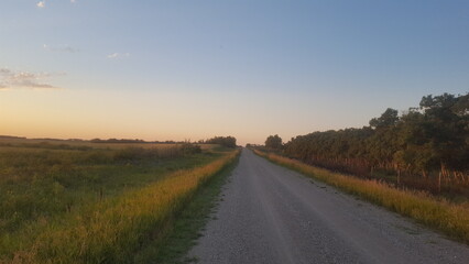 Rural road through fields in Saskatchewan at sunset