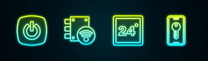 Set line Smart home, Digital door lock, Thermostat and key. Glowing neon icon. Vector