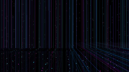 Virtual space formed by blue and purple lines where colored dots move randomly on a black background