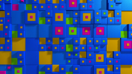 Wall made up of blue, pink, green and yellow cubes of different sizes arranged randomly