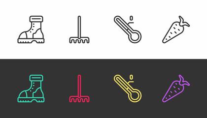 Set line Waterproof rubber boot, Garden rake, Meteorology thermometer and Carrot on black and white. Vector