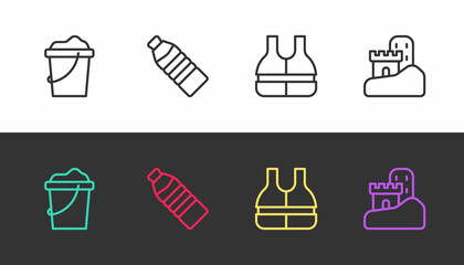 Set line Sand in bucket, Bottle of water, Life jacket and castle on black and white. Vector