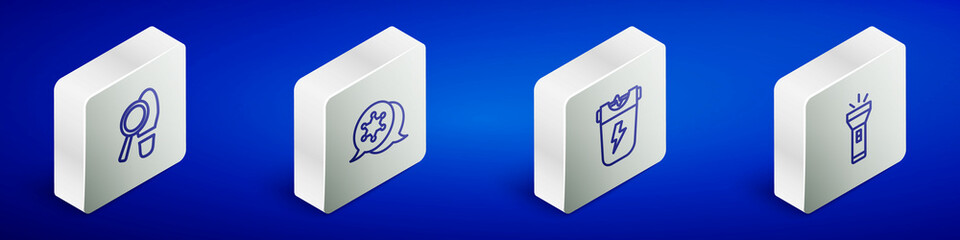 Set Isometric line Footsteps, Hexagram sheriff, Police electric shocker and Flashlight icon. Vector