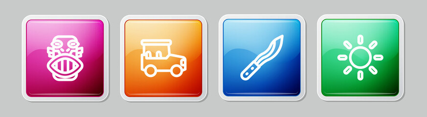 Set line Mexican mayan or aztec mask, Safari car, Machete and Sun. Colorful square button. Vector