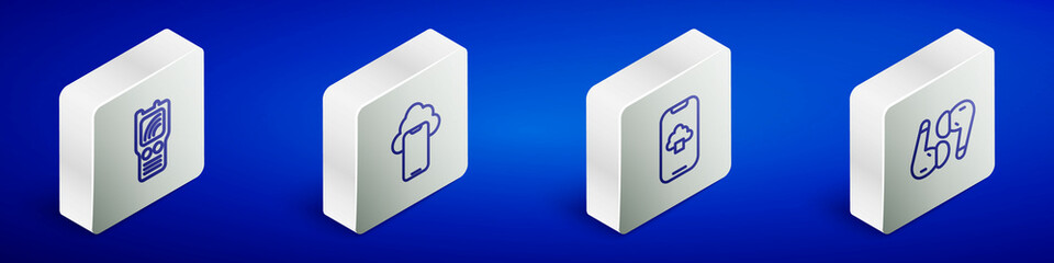 Set Isometric line Walkie talkie, Cloud technology data, and Air headphones icon. Vector