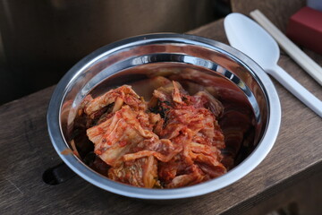 Kimchi in a bowl ready to eat. Super food, healthy fermented cabbage from south Korea.