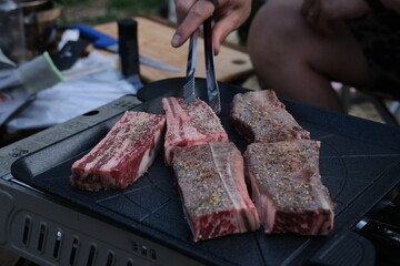 meat on the grill outdoors. Bbq dinner while camping in korea.