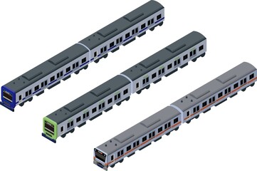 オレンジ、黄緑、青の電車の立体的なアイソメトリックスタイルの電車のイラストセット、主線なし. © surapon