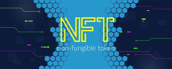 NFT concept, blockchain technology, cryptocurrency. Non-fungible token Work. Futuristic background, with elements in techno style microchips. Banner template design for web. Copyspace.