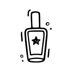 Cosmetic Icon. Perfume bottle, nail polish bottle in doodle style. Woman stuff, eco girls accessory concept. Vector hand drawn flat illustration isolated on white.