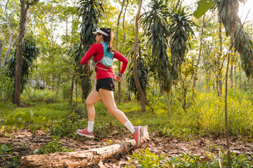 Rearview of adult Asian woman trail runner with running vest practices trail running in the forest...