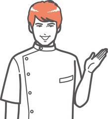 説明する白衣ケーシー姿の男性