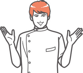 説明するケーシー姿の男性