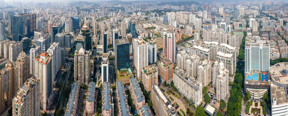 Aerial photography of the skyline of buildings along the Minjiang River in Fuzhou
