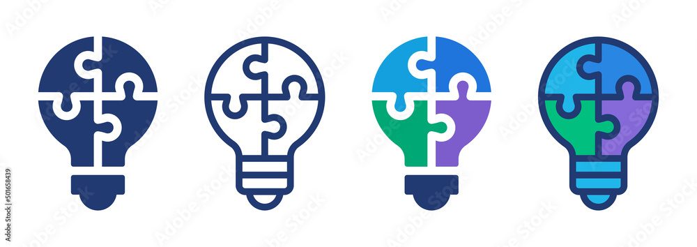 Poster Jigsaw puzzles on light bulb icon vector set. Solution symbol isolated on white background. Idea conceptual concept