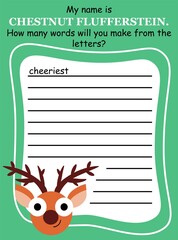 Anagram word game with cartoon reindeer for kids vector illustration. Educational winter season word puzzle in English. Create and write as many words by given white letters as you can