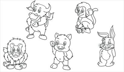 Cute design animal outline vector set 39 ( rabbit monkey lion pig buffalo )