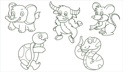 Cute design animal outline vector set 41 ( snake rat elephant buffalo turtle )