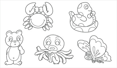 Cute design animal outline vector set 44 ( squid butterfly crab bear snake )