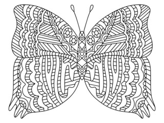 Fantasy butterfly hand-drawn coloring book page for adults vector illustration. Decorative symmetry butterfly with ornaments on wings. Funny summer insect print black outline isolated on white vector