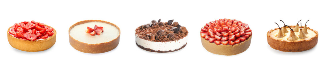 Set of delicious cheesecakes on white background