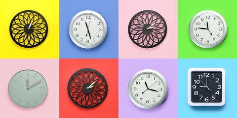 Set of wall clocks on colorful background