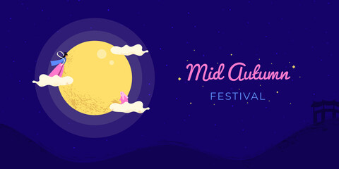 Flat design mid autumn festival banner with fairy and rabbit