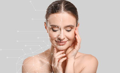 Beautiful young woman on light background. Skin care concept - obrazy, fototapety, plakaty