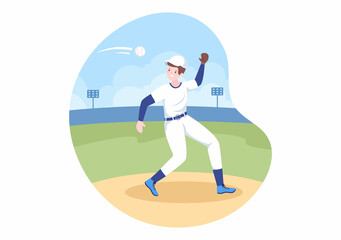 Baseball Player Sports Throwing, Catching or Hitting a Ball with Bats and Gloves Wearing Uniform on Court Stadium in Flat Cartoon Illustration