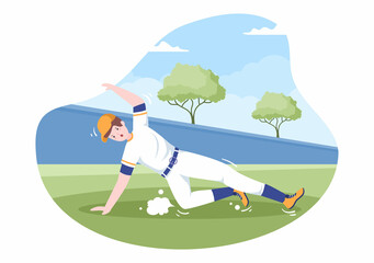 Baseball Player Sports Throwing, Catching or Hitting a Ball with Bats and Gloves Wearing Uniform on Court Stadium in Flat Cartoon Illustration