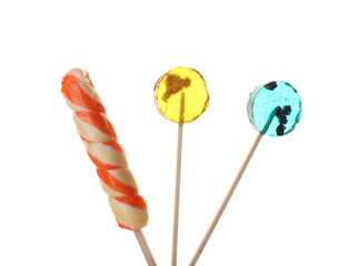 Sweet lollipops isolated on white background, closeup