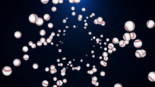 4K 3D Flying many baseball balls Loop background. Bat and ball. Sport equipment. Concept of sport, exercise and game. Baseball equipment and home base, close up of baseball ball.